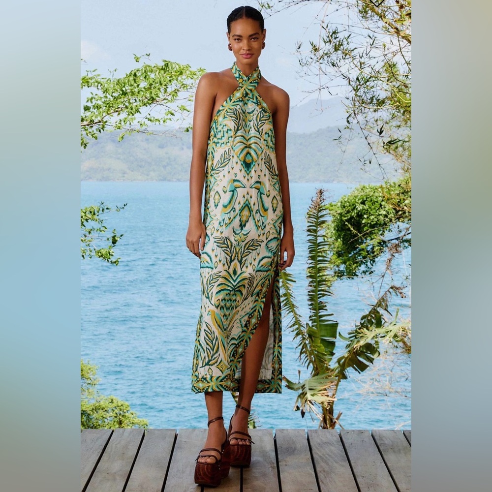 FARM Rio Cream Halter Midi Dress with Green & Teal Botanical Print